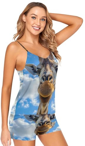 Sevdomey Giraffe - Conjunto de pijama sexy de 2 piezas, cuello en V y pantalones cortos de satén para mujer, jirafa, M
