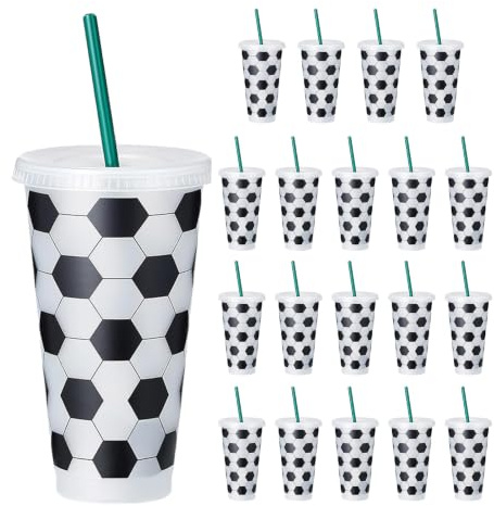 Zentriva Bicchiere di plastica con cannuccia, bicchiere per bevande fredde a forma di calcio, capacità 710 ml, riutilizzabile, per il giorno del gioco, festa dei fan 20 pezzi
