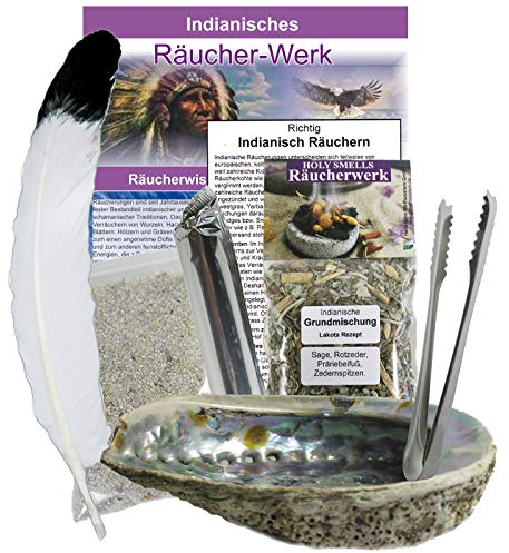 8-TLG Smudge Kit Räucherset Indian-Spirit. Räuchermuschel 12-16cm + schamanische Räuchermischung + Feder + Zange + Kohle + Anleitung + Zubehör. 81091
