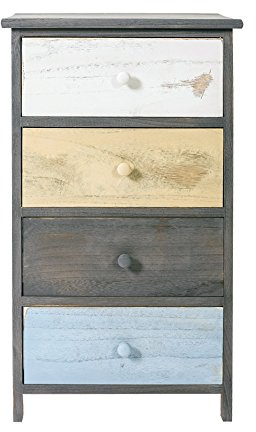 Rebecca Mobili Mehrzweckkommode im Vintage- Stil, Nachttisch mit 4 Schubladen, Paulownienholz, Weiß Beige Hellblau, für Schlafzimmer Badezimmer – Maße: 72 x 40 x 29 cm (HxLxB) – Art. RE4884