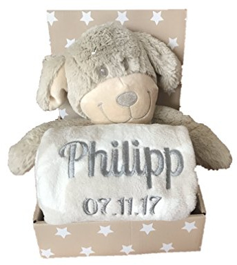 KIDDI-MEDIA Babydecke mit Name & Geburtsdatum Bestickt, Beige/Weiss | inkl. Plüsch Stofftier, Geschenk Taufe Geburt, CE-Zertifizierung, Hund