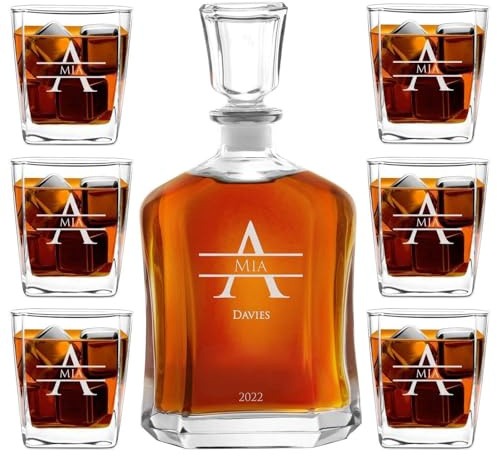 Maverton Classic Bourbon Whiskey Decanter Capitol Set of 6 Glasses, Name