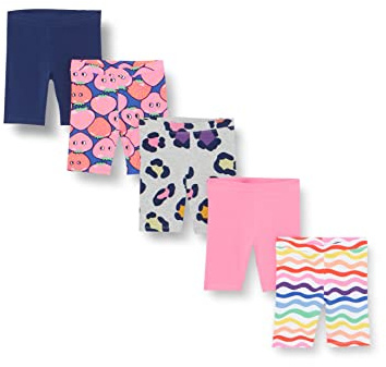 Amazon Essentials Pantalón Corto de Ciclismo de Altura Media Niña, Pack de 5, Azul Fresas/Azul Marino/Blanco Estampado de Arcoíris/Gris Guepardo/Rosa, 9 años