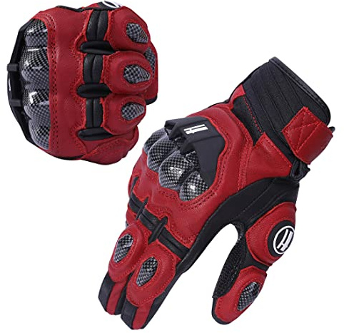 Harssidanzar Hombres y Mujeres Guantes de Carreras de Carretera con protección de Nudillos para Deportes de Motor para Montar en Motocicleta con Dedos completos,Sangre de Buey/Negro,Talla M