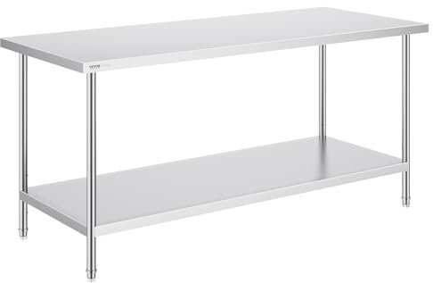 VEVOR Stainless Steel Prep Table, 72 x 30 x 34 Inch, 550lbs Load Capacity Heavy Duty Metal Worktable with Adjustable Undershelf, Commercial Workstation for Kitchen Restaurant Garage Backyard
