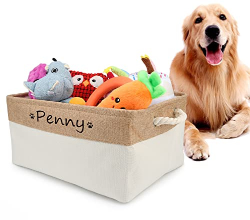 Cuperay Personalisierte Aufbewahrungskorb mit Namen und Muster, Faltbar Hunde Spielzeugkorb mit Baumwollgriff, Aufbewahrungsbox für Die Organisation Von Lebensmitteln Kleidung und Hundezubehör(Beige)