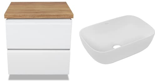 VBChome Badmöbel 60 cm Weiß Belinda Aufsatzwaschbecken ohne Hahnloch 46x33 cm Aufsatzwaschtisch mit Waschbeckenunterschrank 2 Schubladen Moduo Badezimmerschrank Modern