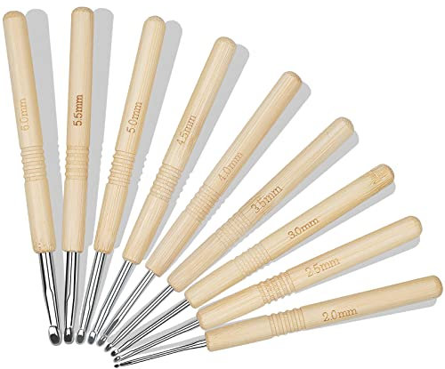 Häkelnadel-Set，9-teiliges Holzgriff zum Häkeln ，Häkelnadel für Anfänger und Häkelgarn，Passend für Arthritische Hände，2,0–6,0 mm Häkelsett