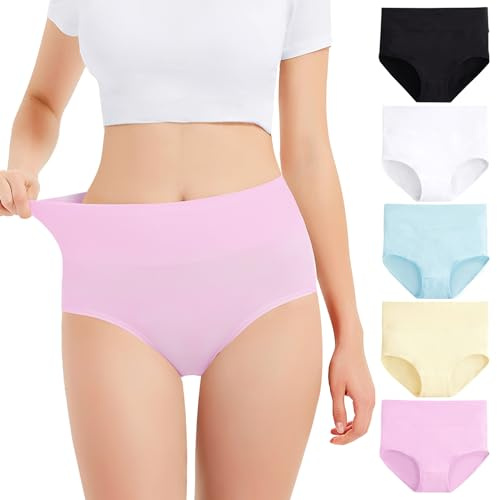 Falechay Lot de 5 Culotte Femme Coton Taille Haute Slips | Respirant,Sans étiquette,Doux pour la peau