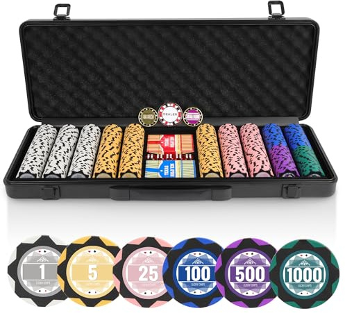 ORIENGEAR Poker Chip Set with Denominations 500 PCS with 14 Gram Numbered Clay Chips, Texas Hold’em Casino Chip Sets with 2 Decks of Plastic Playing Cards, for Blackjack Gambling Games, Black Case