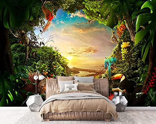 Fototapete 3D Effekt Tapete Dschungel Himmel Tiere 3D Tapeten Wandbilder Wohnzimmer Schlafzimmer Kinderzimmer Dekoration Wanddeko