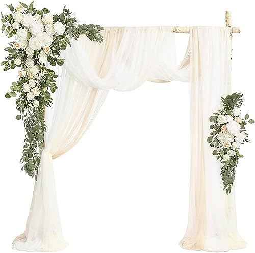BRYER Künstlicher Hochzeitsbogen mit Blumen-Set, 2 Stück weiße Rosenblumen-Girlande mit 3 weißen, durchsichtigen, drapierten Stoff-Blumengirlanden für die Hochzeitsdekoration,A9