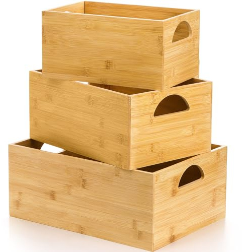 DEAYOU 3 Pack Bamboo Storage Bin, Bamboo Storage Box Crate, Natural Nesting Organizer, Stackable Cubby Basket Container Holder with Handle for Display, Book, Toy, Snack, Decor, Modular Open, 3 Sizes