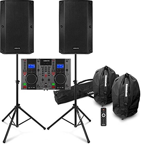 VONYX VSA10BT DJ PA System Package - Complete Active DJ Speakers Setup with Dual CD USB Mixer, Bluetooth Streaming, Speaker Stands, Cables and Carry Bags for Parties & Events