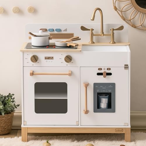 ROBUD Montessori Kinderküche Holz | Spielküche Spielzeug ab 3 4 Jahre Kinder Küche mit Zubehör Mädchen Geschenk 3 4 5 6 Jahre Jungen Küche für Mädchen Jungen Geschenke