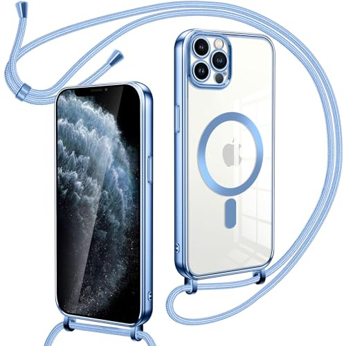 Oelrstfe Magnetische handyband mit Band für iPhone 11 Pro Max Hülle - Necklace HandyHülle Transparente zum Umhängen mit justierbarer und Abnehmbarer Kette, Crossbody Magnet Clear Cover - Blau
