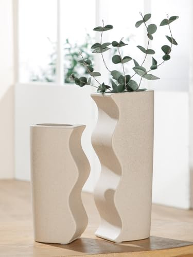 GILDE Dekovase 2-teilig - Vase Blumenvase Vasenset 2 Stück Keramikvasen - Deko Wohnzimmer Geschenk Geburtstagsgeschenk - Beige Höhe 25,5 cm