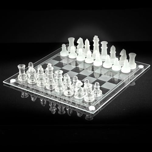 Glamified Glam 25cm Glass Chess Game Set, Frosted Chess Board Set Large Glass Chess Pieces with Padded Bottom, Crystal Chess Board Adults Play Set 25cm