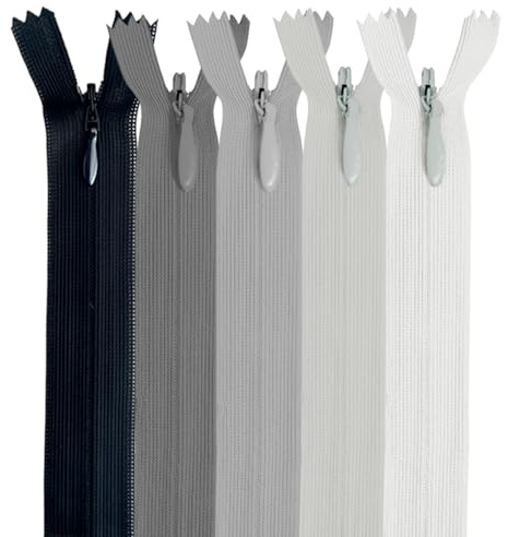 MARARDI [Pack 5] Osynliga dragkedjor [grå] nylon [30 cm] dragkedjor för sömnad och hantverk för tygkläder maskinsyväskor bomullstyg med metallstängning
