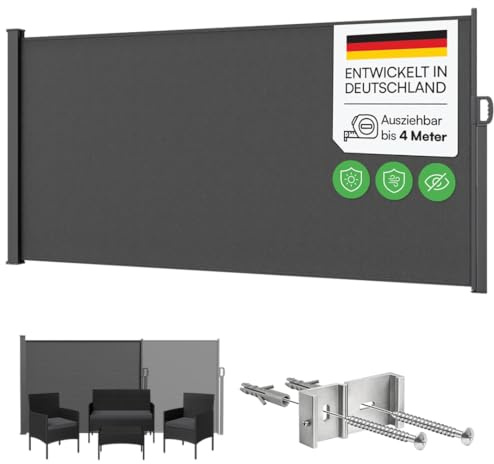 STEELSØN Zirella Seitenmarkise 160x400 cm, Anthrazit, ausziehbar, aus Stahl | Windschutz, Sichtschutz Garten, wetterfeste Markise, Seitenrollo mit Wandhalterung, blickdichter Sonnenschutz, Wandmarkise