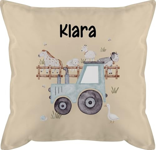 Kissen 50x50 - Bauernhof Traktor Tiere mit Namen Landwirtschaftlicher Tiermotiv Bauernhoftieren - 50 x 50 cm - Beige Natur - traktorkissen trecker Kuh Polster Tractor Cushions Bulldog kühe