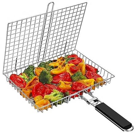 WOZLO Barbecue basket, stainless steel large folding barbecue basket with handle, portable outdoor camping barbecue grill, fish, shrimp, vegetables, barbecue grill cooking channel