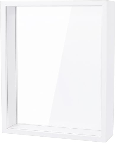 OLYCRAFT Caja de sombra rectangular de madera de 21 x 6 x 26 cm, marco con ventana acrílica transparente de doble cara para flores secas, hojas, muestras, color blanco