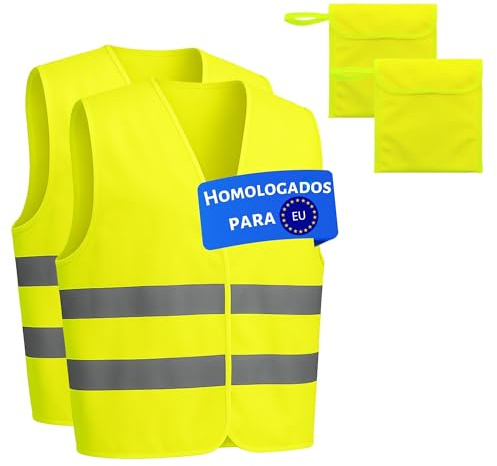 LiveLaif®- Pack 2 Chaleco Reflectante Homologado + 2 Bolsas | Certificados ISO, TallaUnica, Unisex | Chaleco Coche Homologado DGT | Chaleco Running, Chaleco Trabajo, Chaleco Reflectante Moto