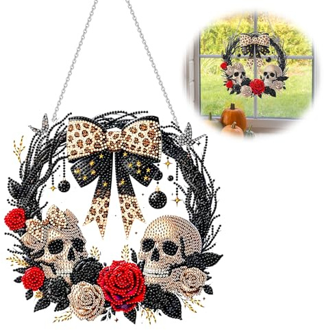Vordpe DIY Diamond Painting Halloween Deko Türkranz, Einseitig Diamond Painting Herbst mit Kette, Diamond Painting Türkranz, für Halloween Fenster Wand Deko (Skeleton)