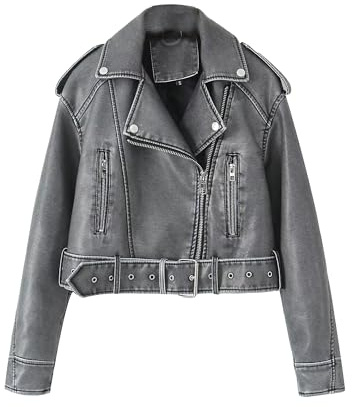 DGKaxiyaHM Women's Faux Leather Casual Short Coat Vintage Fashion Motorcycle Coat Jacket Blazer Collar Zip Up Coats (Grey,S)