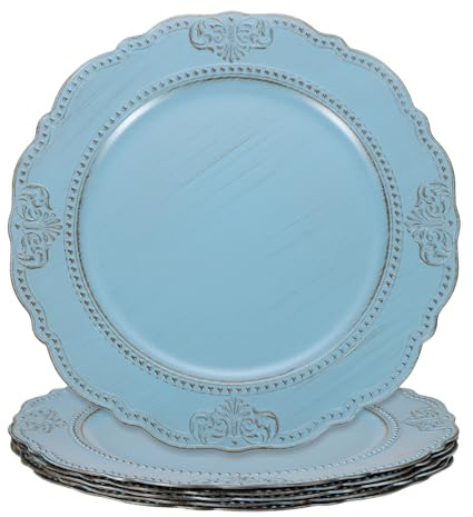 sourcing map 6pcs Vintage Charger Plates Bulk, 13 Inch Plastic Beaded Decorative Chargers for Dinner Plates Set Round Plate Charger for Wedding Party Event Table Setting Decoration, Blue