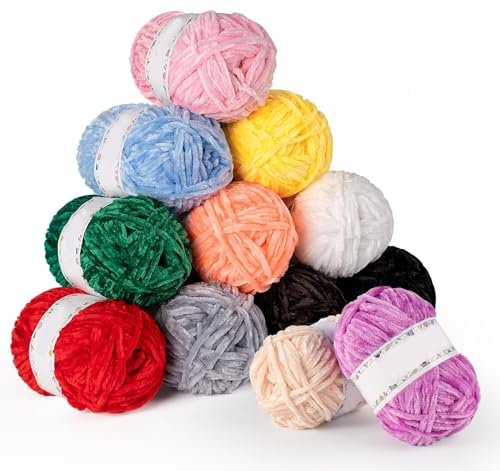 600G(12x50g) Chenille Wolle, Wolle zum Häkeln, Weiches Chenille | Stricken mit Häkelzubehör, Premium Chunky Wolle für Kleidung, Decken, Taschen