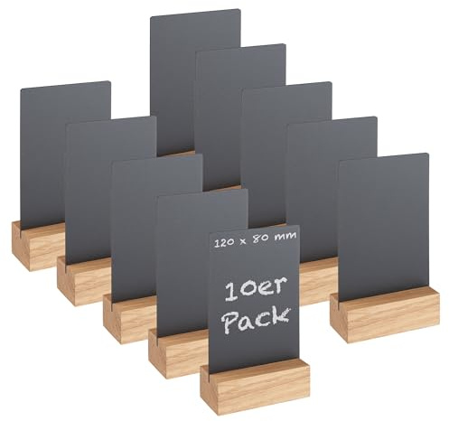 SPRINTIS Tischaufsteller Kreidetafel mit Holzfuß aus Eiche, 10 Stück, Tafelmaße 12 x 8 cm, doppelseitige Tisch Kreidetafel nur für Kreidestifte, ideal für Gastronomie und Events