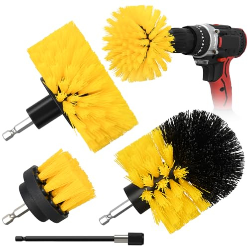 Juego de 4 cepillos de taladro, kit de limpieza multiusos para bañeras, líneas de lechada, baño, duchas, azulejos, costuras de azulejos (amarillo)