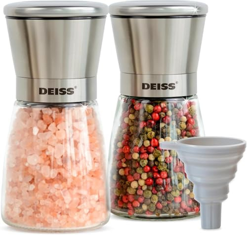 Deiss PRO Moulin à poivre et à sel avec entonnoir, acier inoxydable brossé avec rotor en céramique réglable - Design compact et élégant, idéal pour le cumin,sel de mer,sel de l'Himalay,poivre