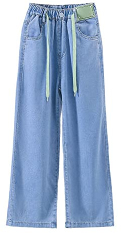 Ragazze Baggy Jeans Coulisse Bambini Gamba Dritta Jeans Elastico Vita Blu Chiaro Hip Hop Jeans Adolescenti Casual Denim Pantaloni Morbidi Danza Pantaloni Primavera Estate, Blu, 9-10 Anni