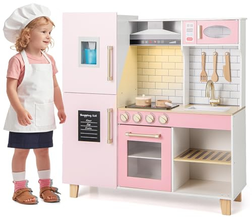 GOPLUS Kinderküche Holz, Spielküche mit realistischen Lichtern & Geräuschen, Dunstabzugshaube, Herd, Tafel, Wasserspender, Grill, Spüle & Wasserhahn, Spielzeugküche für Kinder ab 3 Jahren, Rosa