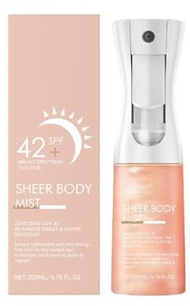 Sunglaze Sheer Body Mist Sonnenschutz SPF 42 mit Schimmerndem Körperöl, Feuchtigkeitsspendender Nebel, Spendet Feuchtigkeit, Verleiht der Haut ein Schimmerndes Finish, Leicht, Schnell Einziehend