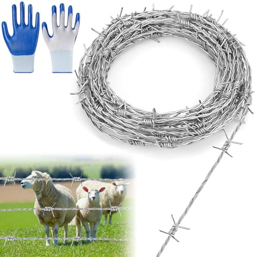 Stacheldraht Tierabwehr, Natodraht Stacheldrahtrolle 1,8mm x 10m, 4 Punkt Stacheldraht Verzinkt Zaun, mit Handschuhe, für Zaun, Drahtzaun, Weidezaun, Abwehr gegen Marder Baseballschläger