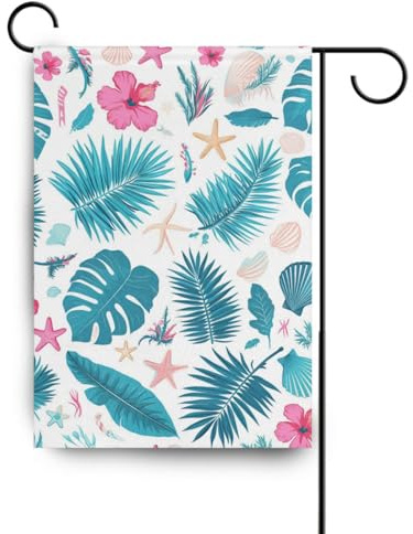 Drapeaux tropicaux rouges avec fleurs rouges de palmier, étoile de mer, turquoise vif, drapeaux saisonniers pour l'extérieur pour décoration de jardin, 71 x 101,6 cm, double face