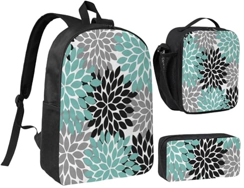 GSGCSBYMLG Ensemble cartable, sac à stylos, sac à déjeuner, motif fleurs de dahlia, 43,2 cm, Noir , Taille unique, Pochette à monnaie