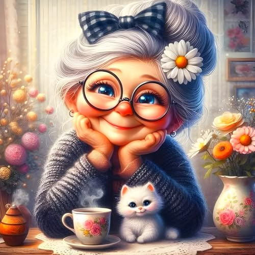 QINRUBB DIY 5D Vieille Dame Peinture Diamant Painting Kit, 5D Chaton Mignon Art du Diamant Complet Kits, Café Diamond Art Kits Point de Croix Painting pour Adultes Débutants Maison Décor 30x30 cm