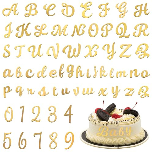 64 Numerisch und Buchstaben für Torte,Tortendeko Name,Wiederverwendbares Acryl,Tortendekorationen,Englisches Alphabet 3.5-5 cm Hoch,Tortenaufsatz DIY Set für Party Feier Hochzeit (Gold)