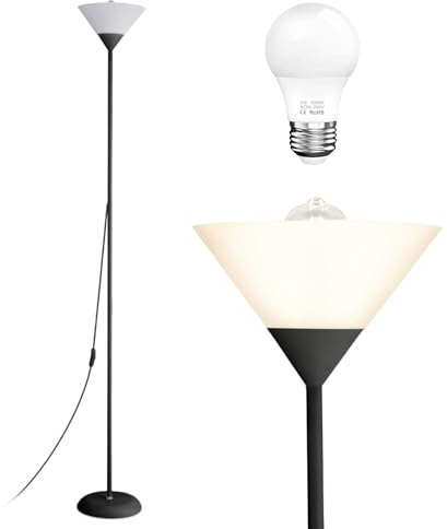 Warmiehomy Uplighter Floor Lamp for Living Room, Black Standing Light Reading Floor Lamps with White Lampshade&Button Switch, Modern Single Floor Light Tall Standing Lamp for Bedroom, Office