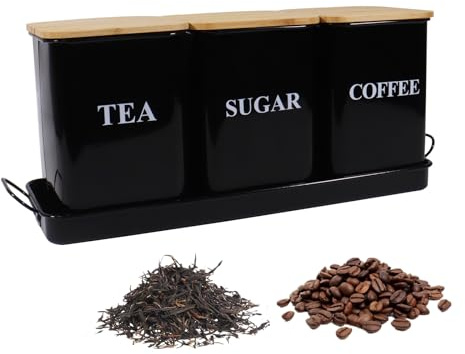 ZoeQide Juego de 3 tarros de cocina, color negro, lata de café, azucarero y caja de té con tapa de madera y bandeja de metal, diseño retro