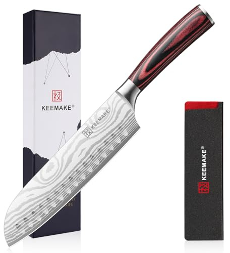 KEEMAKE Couteau Cuisine Santoku 18 cm, Couteau Professionnel à Saumon Viande avec Fourreau de Lame, Couteaux en Acier Inoxydable pour Cuisine de Restaurant