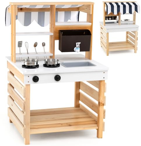 Maxmass 2 in 1 Kids Mud Kitchen, Wooden Double-Sided Children Toy Kitchen with Removable Sink, Faucet, Stoves, Kitchenware, Outdoor Toddlers Play Kitchen Garden Cooking Set for 3+ Years Old (Natural)