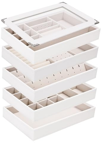 Boxudeli 5 Ebenen Schmucktablett Stapelbar, Schmuckkästchen groß Schmuckschalen Schubladedisplay mit transparentem Deckel, Schmuckaufbewahrung Organiser (Weiß, 5 Lagen Deckel zum Abnehmen)