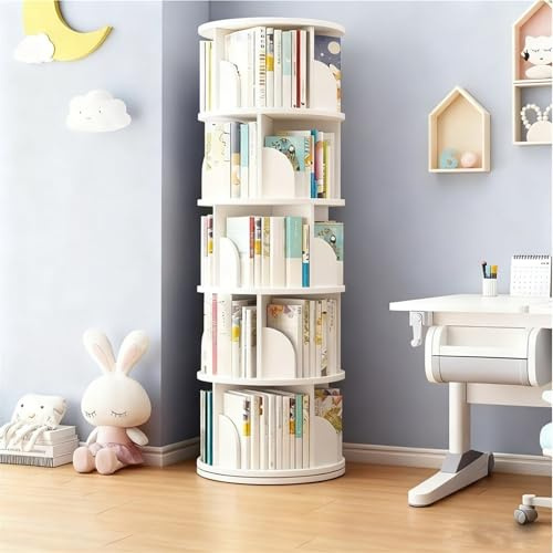 5/4-stufiges drehbares Bücherregal, drehbarer Bücherregalturm aus Holz, rund, 360 Grad, multifunktional Aufbewahrungsregal für Kinder und Erwachsene, Eckorganisator(White,5Tier)