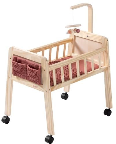 howa Puppenbett Holz Grace mit Rollen, Mobile, Matratze, Decke & Stofftasche, Puppenmöbel für Puppen bis 50cm 2170